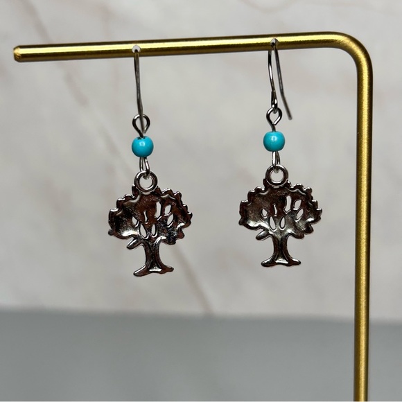 Silver Tone Tree Earrings with Turquoise Stone Beads - Picture 4 of 4